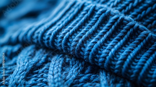 Blue knit beanie with ribbed texture and folded brim, emphasizing cozy headwear and minimalist style in a studio product shot, highlighting winter fashion item.