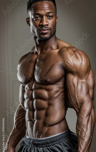 a man posing for a picture. He is shirtless and appears to be a bodybuilder, showing off his muscles and physique indoors.