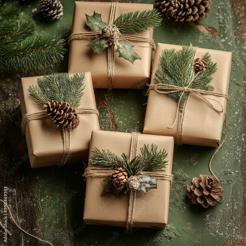 Presents wrapped in kraft paper with twine and pinecones rustic and natural style holiday cheer in the air green and brown palette ecofriendly and charming Presents wrapped in kraft paper with twine and pinecones rustic and natural style holiday cheer in the air green and brown palette ecofriendly and charming