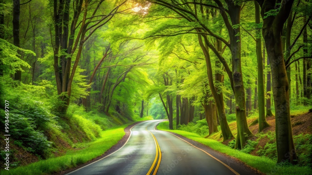 Obraz premium A peaceful road winding through a lush green forest setting, nature, trees, foliage, pathway, scenic, peaceful, tranquil