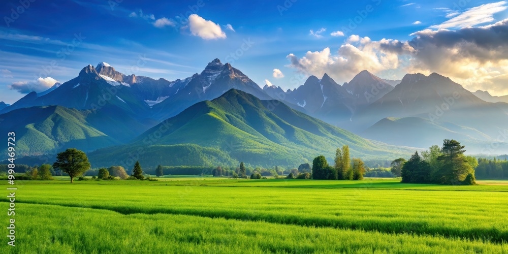 Landscape with a lush green field and majestic mountains in the background, nature, scenery, picturesque, tranquil, serene Landscape with a lush green field and majestic mountains in the background, nature, scenery, picturesque, tranquil, serene