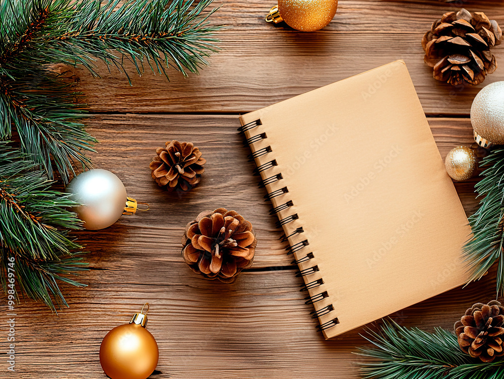 New Year concept. Top view of mock up of empty notebook, fir branches and Christmas balls on wooden table. New Year concept. Top view of mock up of empty notebook, fir branches and Christmas balls on wooden table.