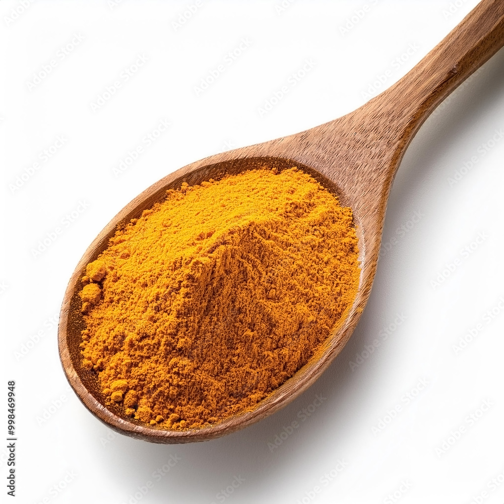 turmeric powder in wooden spoon over white background turmeric powder in wooden spoon over white background