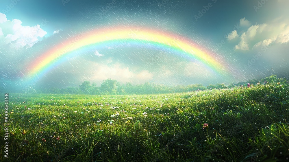 Naklejka premium Vibrant Rainbow Over Lush Green Landscape