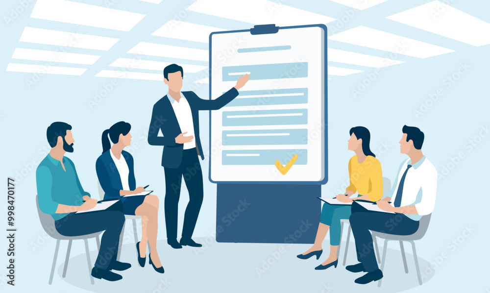 Presentation, education, learning. Checklist. Business illustration. The business team listens to the male teacher. Presentation, education, learning. Checklist. Business illustration. The business team listens to the male teacher.