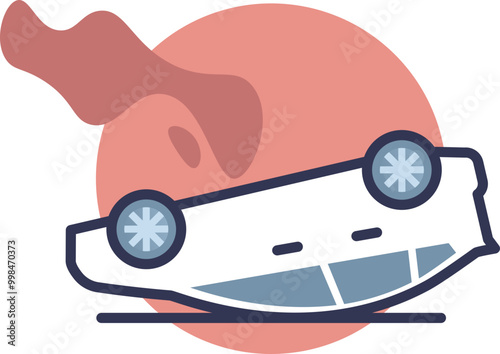 Illustration of an overturned car symbolizing a car accident with a red background.