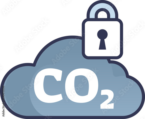 Cloud with CO2 text and a lock symbolizing secure carbon storage or carbon capture technology.