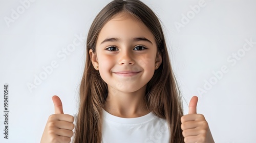 Cheerful young girl in a white t-shirt giving a thumbs up, displaying a positive expression and youthful energy in a minimalist portrait with a clean background.