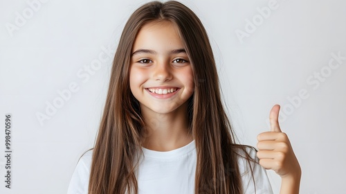 Cheerful young girl in a white t-shirt giving a thumbs up, displaying a positive expression and youthful energy in a minimalist portrait with a clean background.