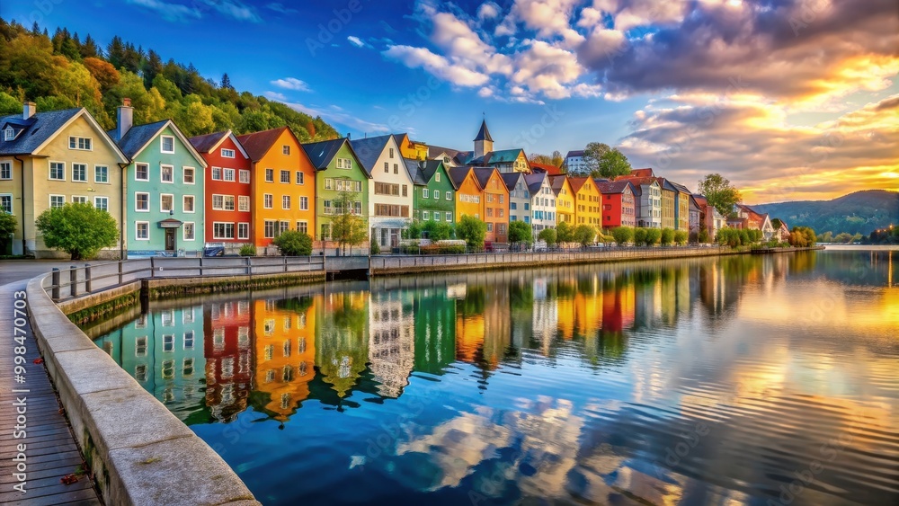 Fototapeta premium Street lined with colorful buildings overlooking a serene lake , urban, city, waterfront, architecture, vibrant, reflection