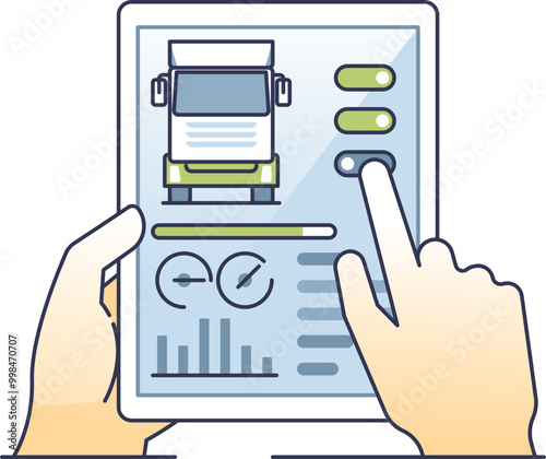 Illustration of a hand using a tablet with fleet management software interface, showing a truck, toggles, and data charts.
