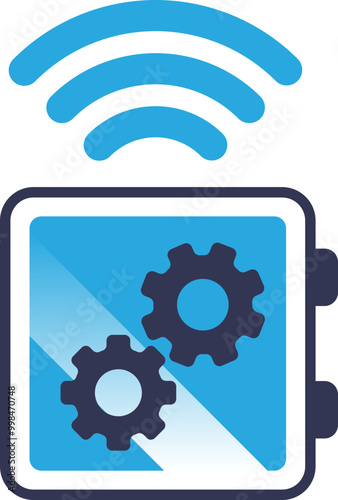 Illustration of a gear sensor with gears and wireless signal, symbolizing smart technology in mechanical systems.