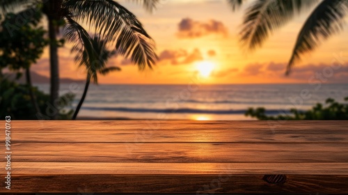 On an island during sunset, a wooden table is surrounded by palm trees and the sea, creating a relaxing atmosphere for product display Stocks