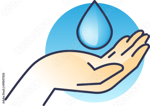 Illustration of a hand catching a water droplet, symbolizing care, hydration, and purity.