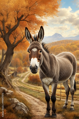 very realistic illustration for kids of jolly donkey in autumn countryside, donkey protection concept 