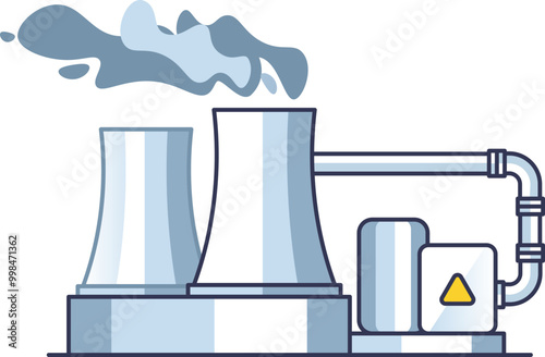 Illustration of a nuclear power plant with cooling towers emitting steam and connected machinery, symbolizing energy production.