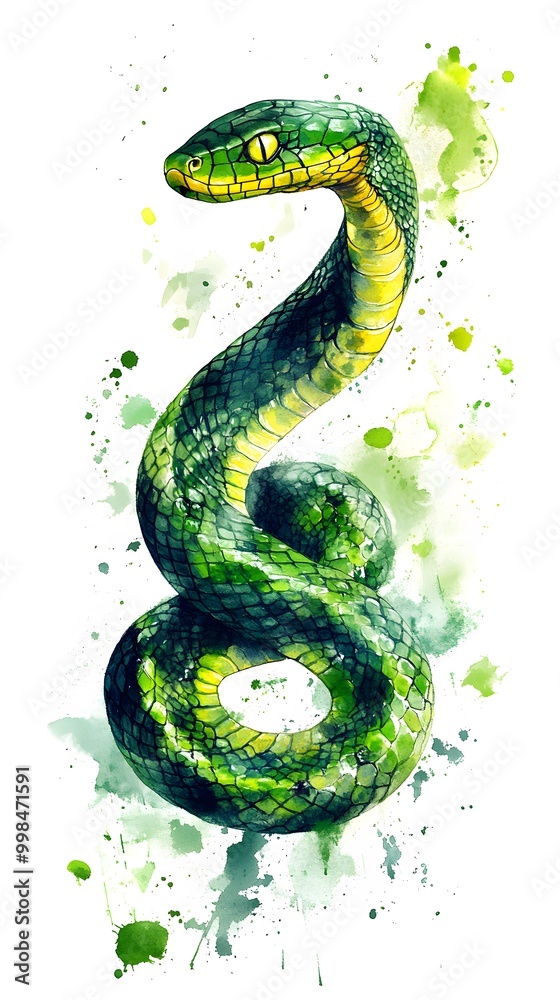Watercolor Painting of a Green Snake on White Background, Abstract Image, Texture, Pattern Background, Wallpaper, Cover and Screen of Smartphone, PC, Laptop, 9:16 and 16:9 Format Watercolor Painting of a Green Snake on White Background, Abstract Image, Texture, Pattern Background, Wallpaper, Cover and Screen of Smartphone, PC, Laptop, 9:16 and 16:9 Format