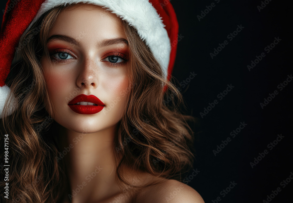 Beautiful woman with red lips and a Santa Claus hat on a dark background Beautiful woman with red lips and a Santa Claus hat on a dark background