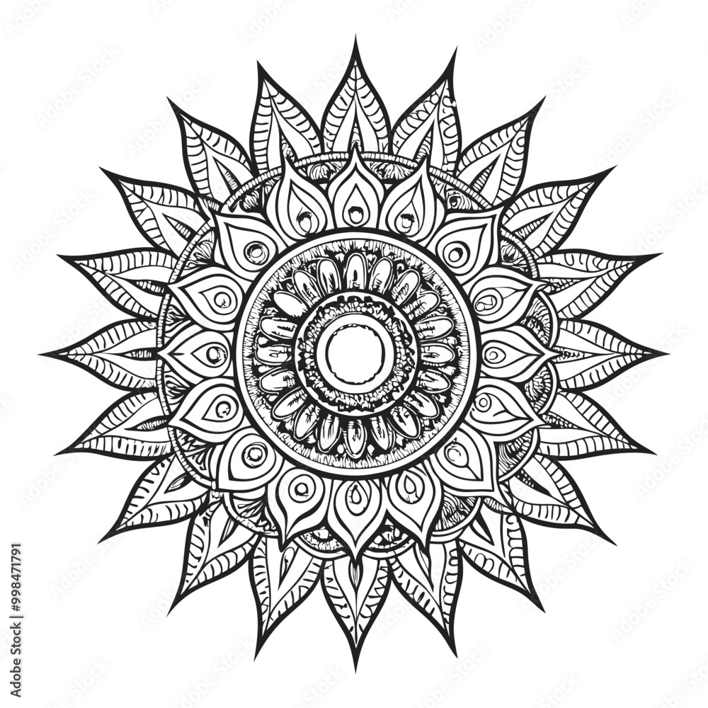 Vector illustration of a black and white mandala sun for coloring book, sole mandala in bianco e nero da colorare vettoriale Vector illustration of a black and white mandala sun for coloring book, sole mandala in bianco e nero da colorare vettoriale