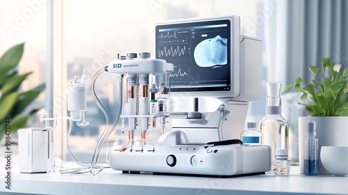 Medical Laboratory Equipment with Monitor and Plant.