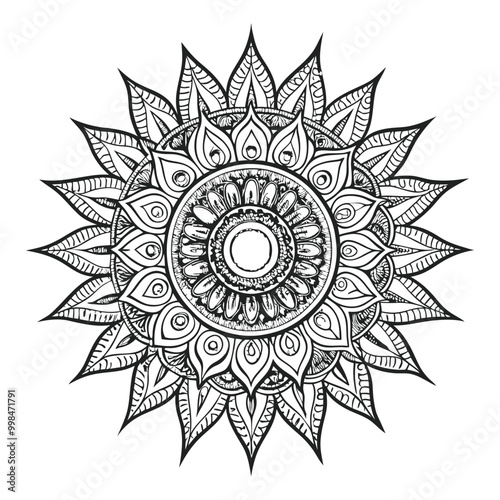 Vector illustration of a black and white mandala sun for coloring book, sole mandala in bianco e nero da colorare vettoriale