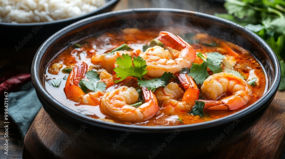 A steaming bowl of vibrant tom yum goong filled with succulent shrimp, fresh herbs, and aromatic spices, served with a side of jasmine rice, showcasing the essence of Thai cuisine. A steaming bowl of vibrant tom yum goong filled with succulent shrimp, fresh herbs, and aromatic spices, served with a side of jasmine rice, showcasing the essence of Thai cuisine.