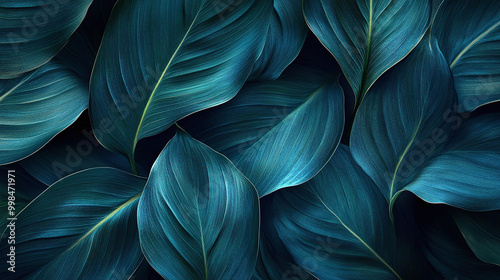 Close-up detail macro texture bright blue green leave tropical forest plant spathiphyllum cannifolium in dark nature background.Curve leaf floral botanical abstract desktop wallpaper,w : Generative AI