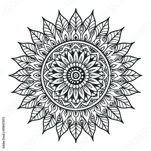 Vector illustration of a black and white mandala sun for coloring book, sole mandala in bianco e nero da colorare vettoriale