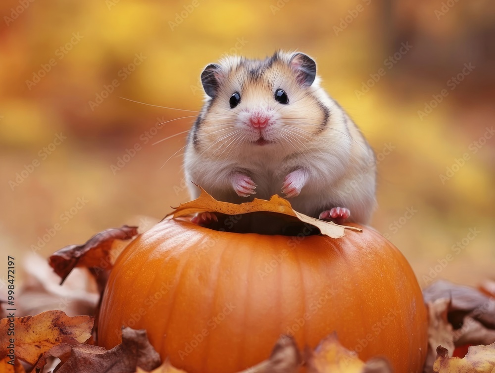 Funny fluffy hamster on pumpkin with leaf in Halloween decor