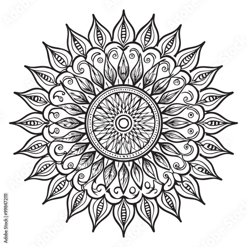 Vector illustration of a black and white mandala sun for coloring book, sole mandala in bianco e nero da colorare vettoriale