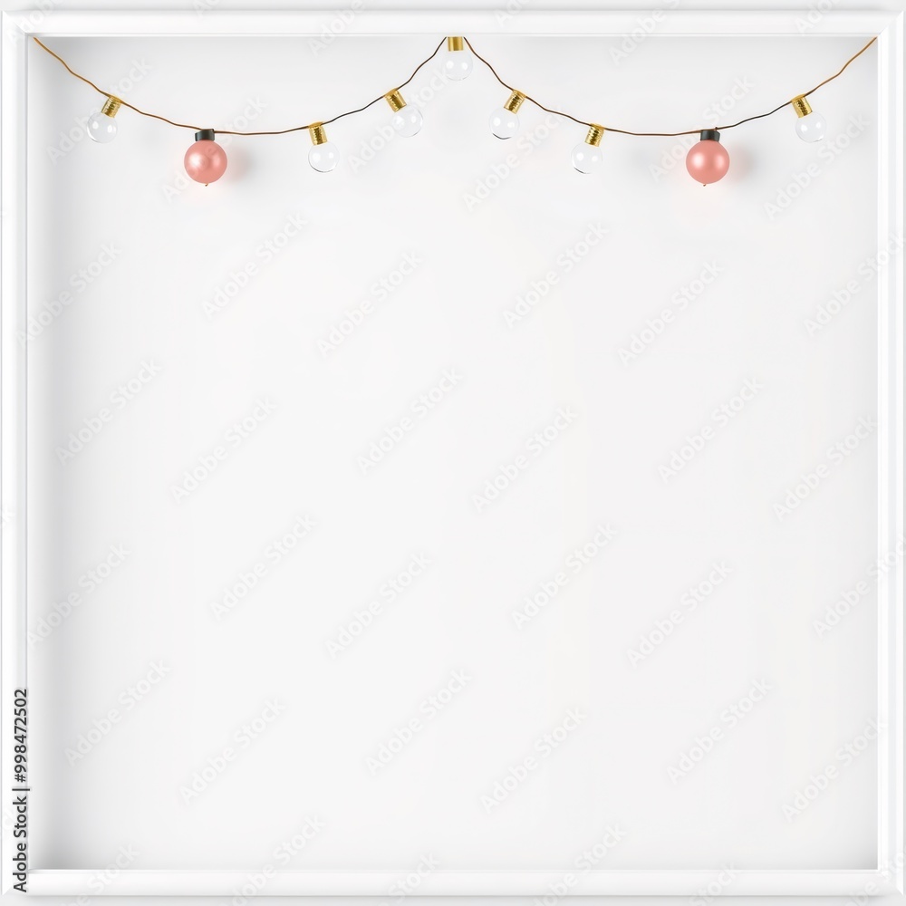 White frame with string lights and balloons. White frame with string lights and balloons.