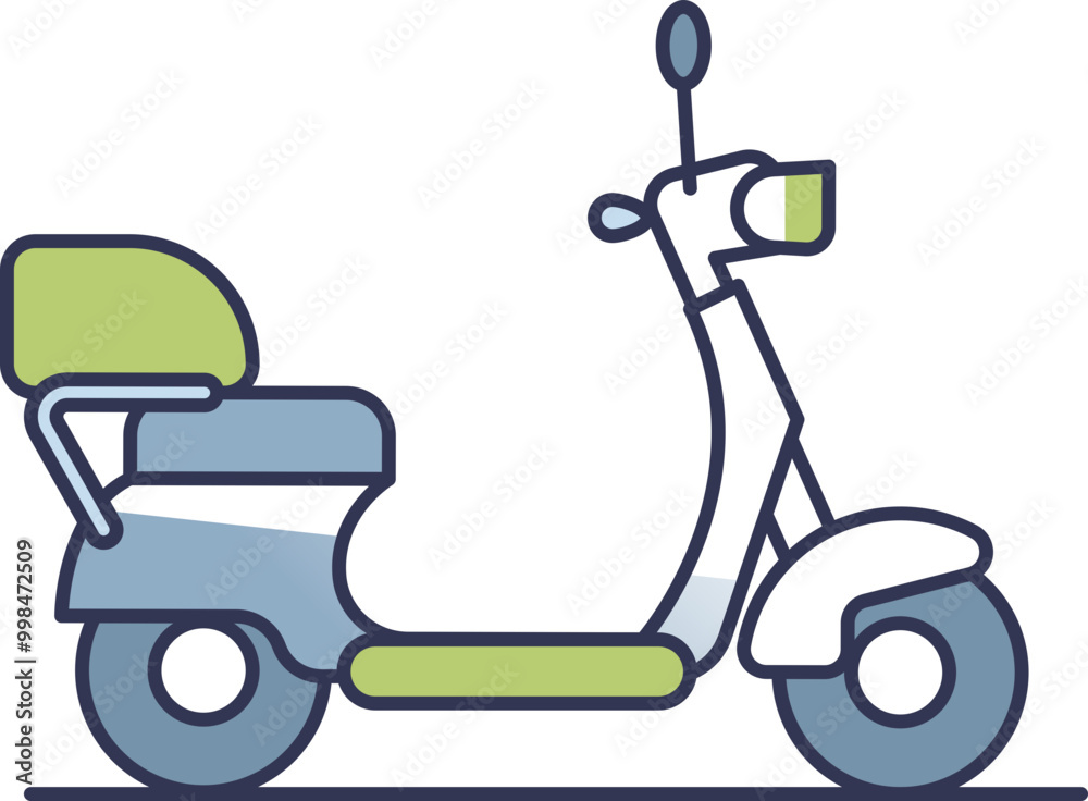 Illustration of a scooter with a simple, modern design, featuring a seat, handlebars, and wheels.