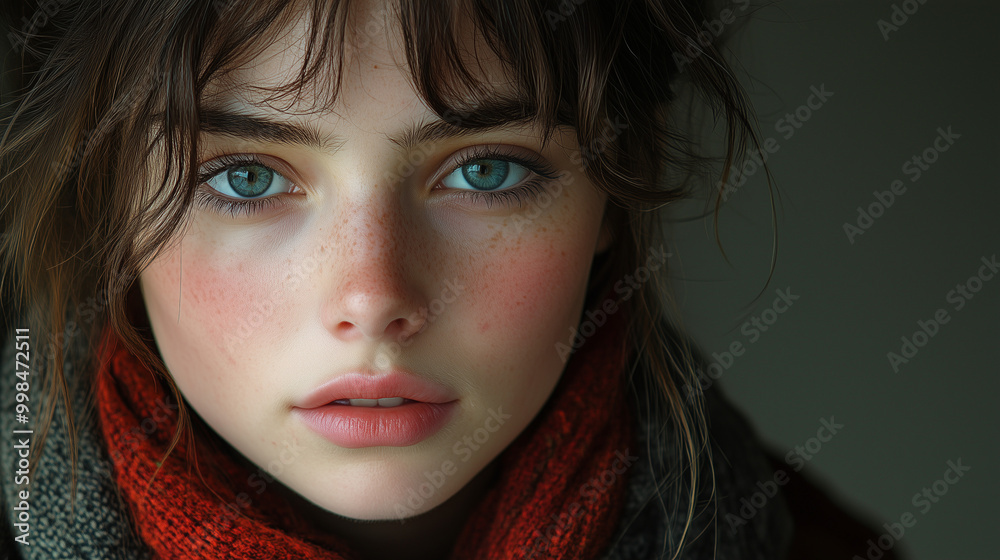 A close-up portrait of a girl with striking blue eyes, freckles, and natural beauty, wearing a cozy scarf, exuding a soft and emotional atmosphere. A close-up portrait of a girl with striking blue eyes, freckles, and natural beauty, wearing a cozy scarf, exuding a soft and emotional atmosphere.
