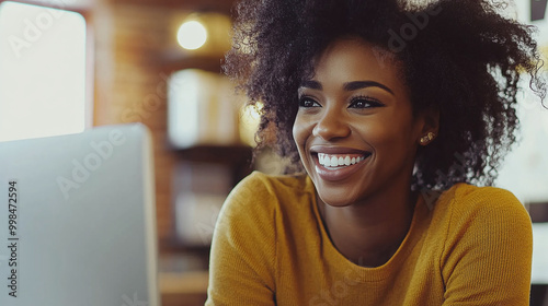 Happy african American woman working remotely on a virtual video team meeting call, remote work and flexible culture concept. Inclusive and diverse workplace. DEI remote working. AI generated