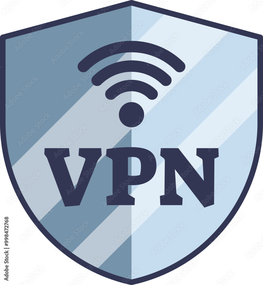 Shield with Wi-Fi symbol and VPN text representing secure internet connection and privacy protection. Shield with Wi-Fi symbol and VPN text representing secure internet connection and privacy protection.