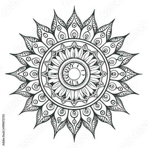 Vector illustration of a black and white mandala sun for coloring book, sole mandala in bianco e nero da colorare vettoriale