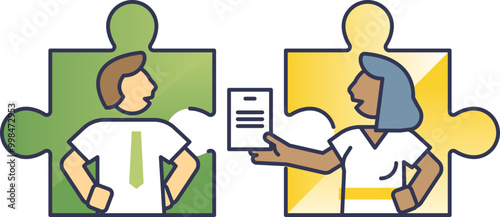 Two people exchanging a document, symbolizing teamwork and collaboration, with puzzle pieces in the background.