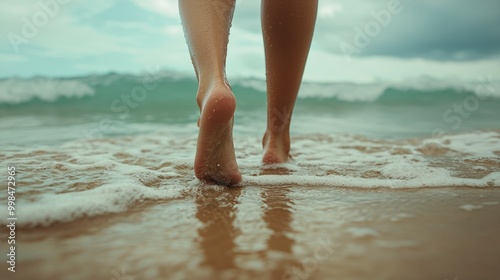 Close-up of bare feet walking on wet sand at the beach, with ocean waves in the background. photo