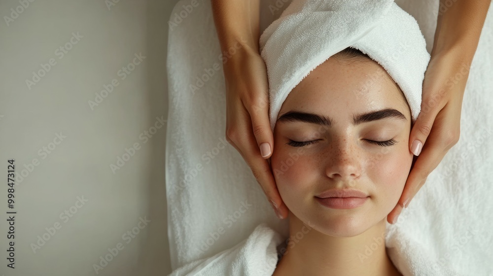 Woman receiving a relaxing facial massage at a spa, eyes closed in contentment. Woman receiving a relaxing facial massage at a spa, eyes closed in contentment.