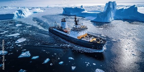 Aerial View of Research Ship Navigating Through Antarctic Icebergs  photo