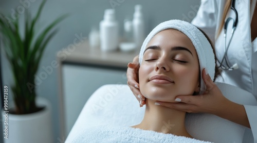 Woman receiving a relaxing facial massage at a spa, eyes closed in contentment. photo