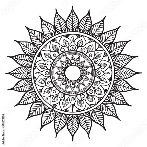 Vector illustration of a black and white mandala sun for coloring book, sole mandala in bianco e nero da colorare vettoriale