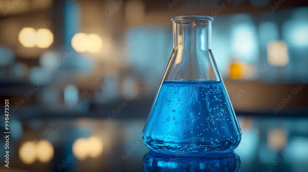 Laboratory setting featuring a glass Erlenmeyer flask with blue liquid, focusing on scientific experimentation and chemical research in a sterile environment. Laboratory setting featuring a glass Erlenmeyer flask with blue liquid, focusing on scientific experimentation and chemical research in a sterile environment.