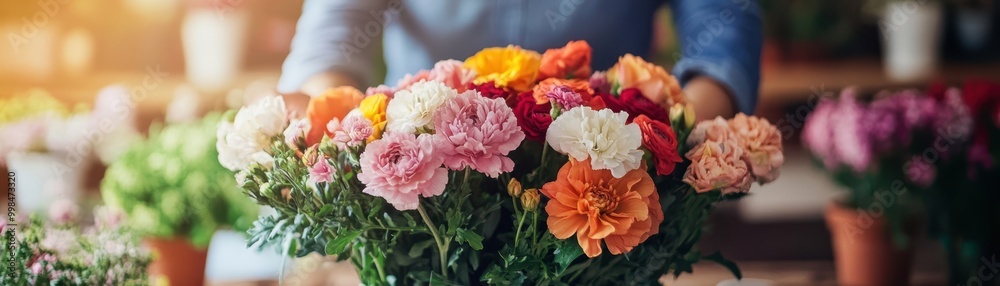 A vibrant bouquet of colorful flowers is elegantly arranged by a florist in a bright, cheerful shop, perfect for use in marketing materials, seasonal promotions, or to convey beauty and care, A vibrant bouquet of colorful flowers is elegantly arranged by a florist in a bright, cheerful shop, perfect for use in marketing materials, seasonal promotions, or to convey beauty and care,