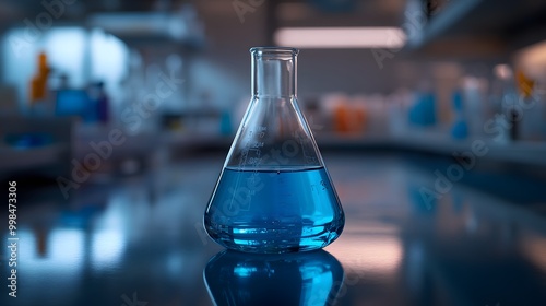 Laboratory setting featuring a glass Erlenmeyer flask with blue liquid, focusing on scientific experimentation and chemical research in a sterile environment.