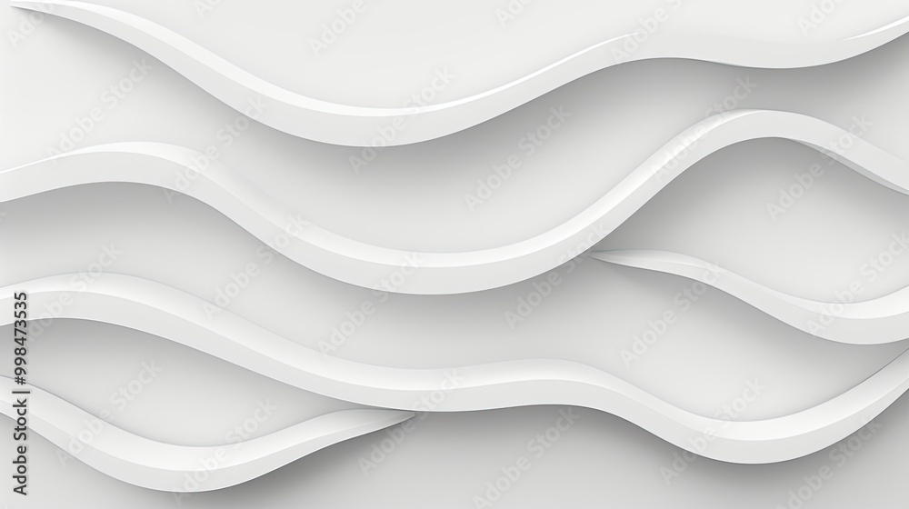 Minimalistic abstract background with white 3D paper waves. White glossy soft wavy embossed texture isolated on white background