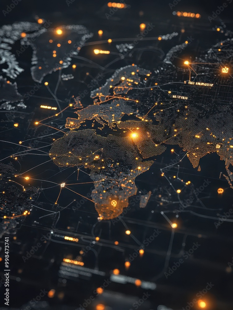 Fototapeta premium A detailed digital map of the world features illuminated connections and data points, representing global networks and communication, Ideal for technology, travel, or data visualization projects,