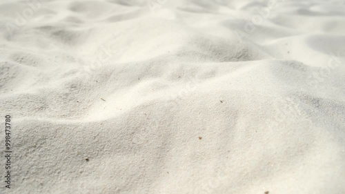 White clear sand dunes, fine sand fraction close-up on sea ocean river beach. Nature park outdoors for rest, relax, travelling.