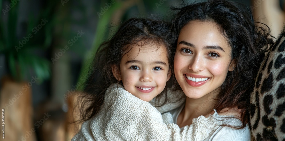 Obraz premium Mother and daughter enjoying a day at the zoo, smiling and looking at animals, stock photo style