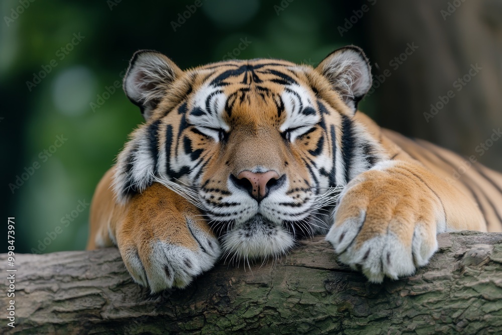 Close-up of a tiger relaxing in its zoo habitat, natural surroundings, stock photo style Close-up of a tiger relaxing in its zoo habitat, natural surroundings, stock photo style